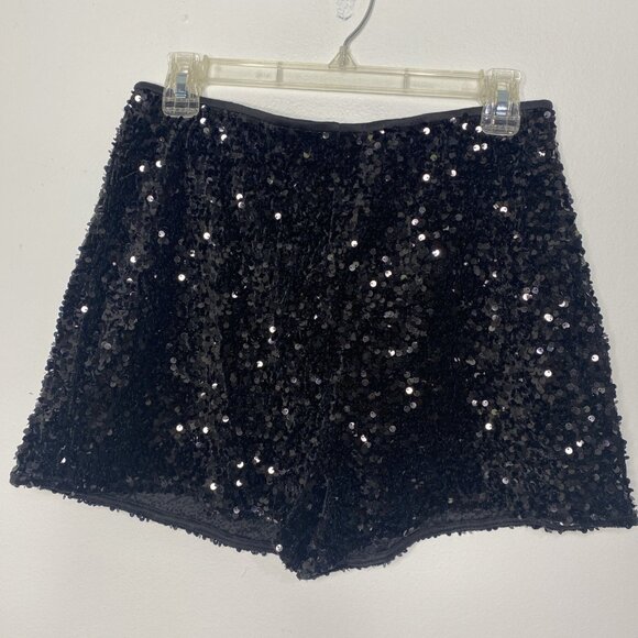 Mango Sequin Shorts Women's US Size M Black Stretch Pull on NEW Club